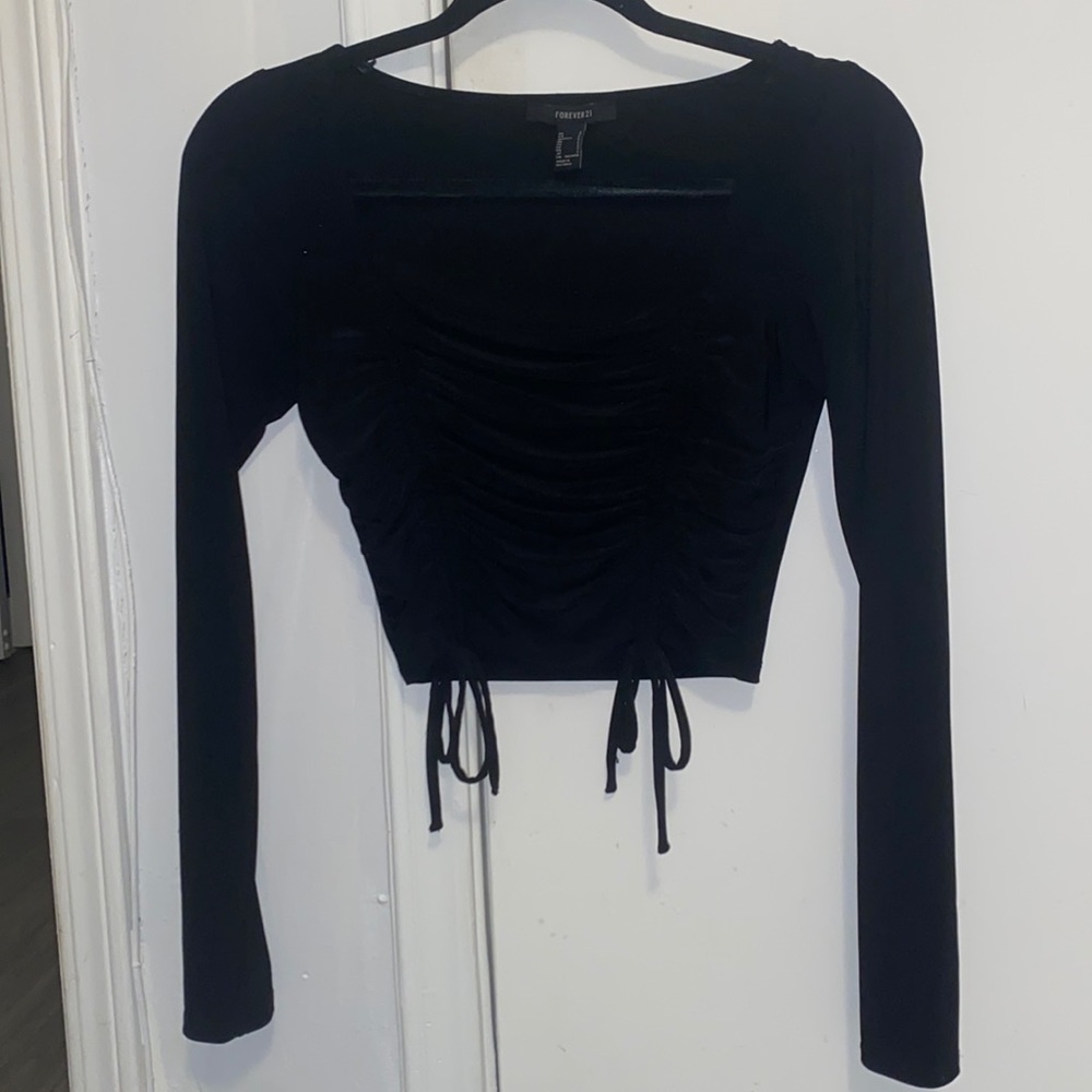 black rouched crop top with low cut neck